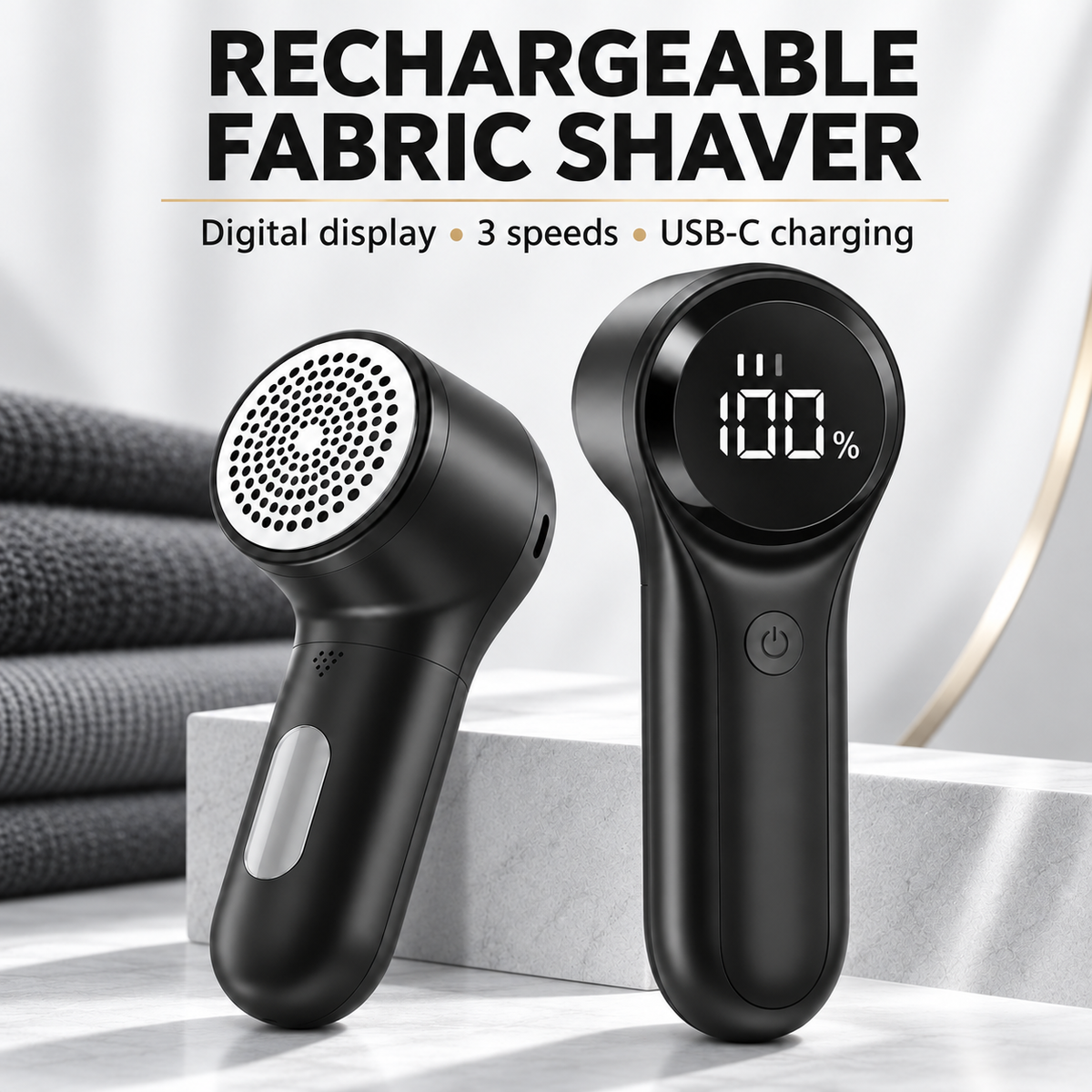 Black rechargeable fabric shaver with digital display