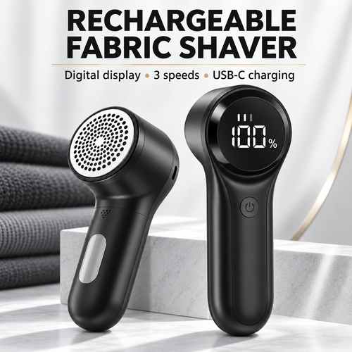 Black rechargeable fabric shaver with digital display