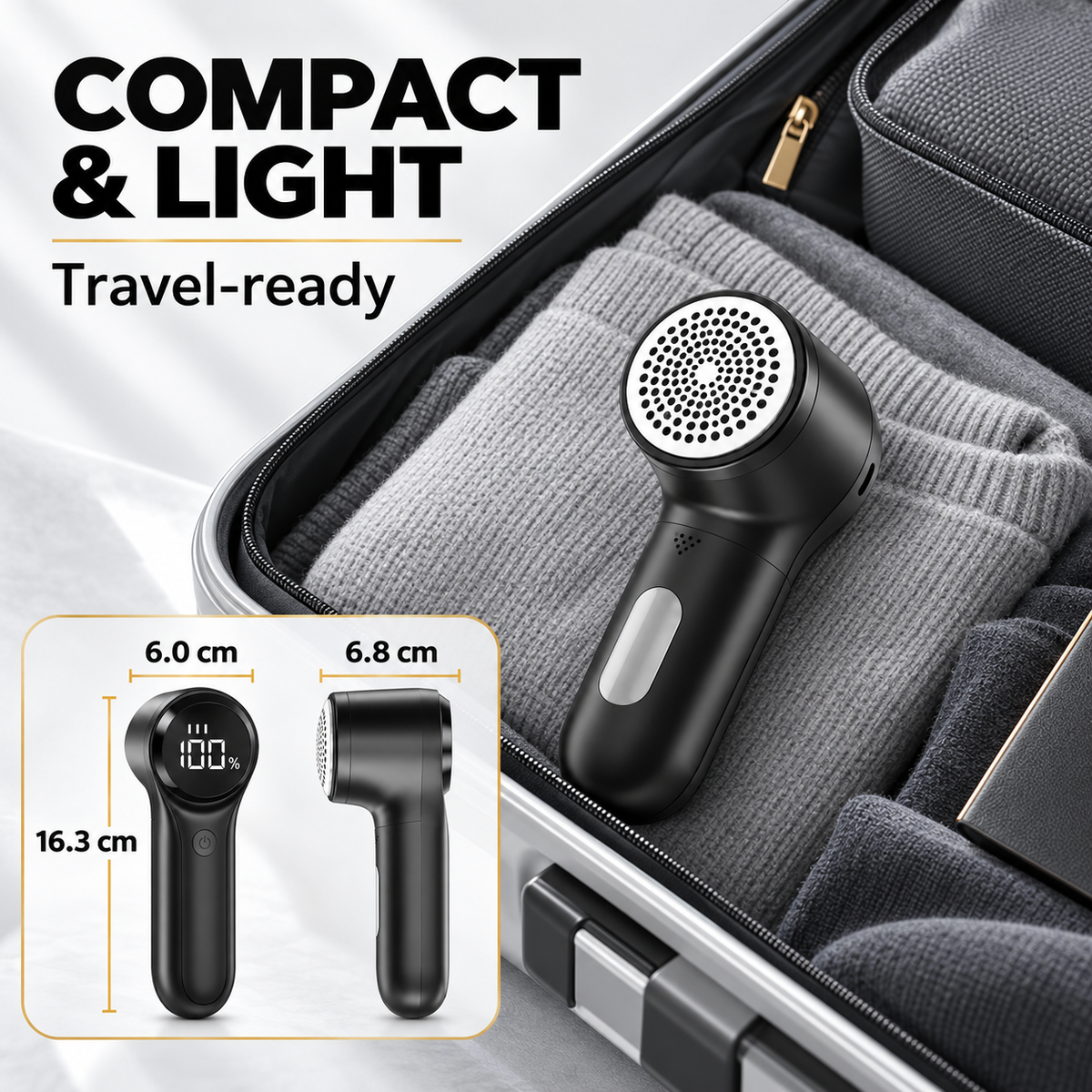 Fabric shaver in a packed suitcase