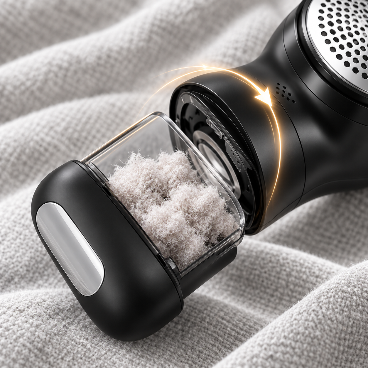 Fabric shaver lint bin being emptied