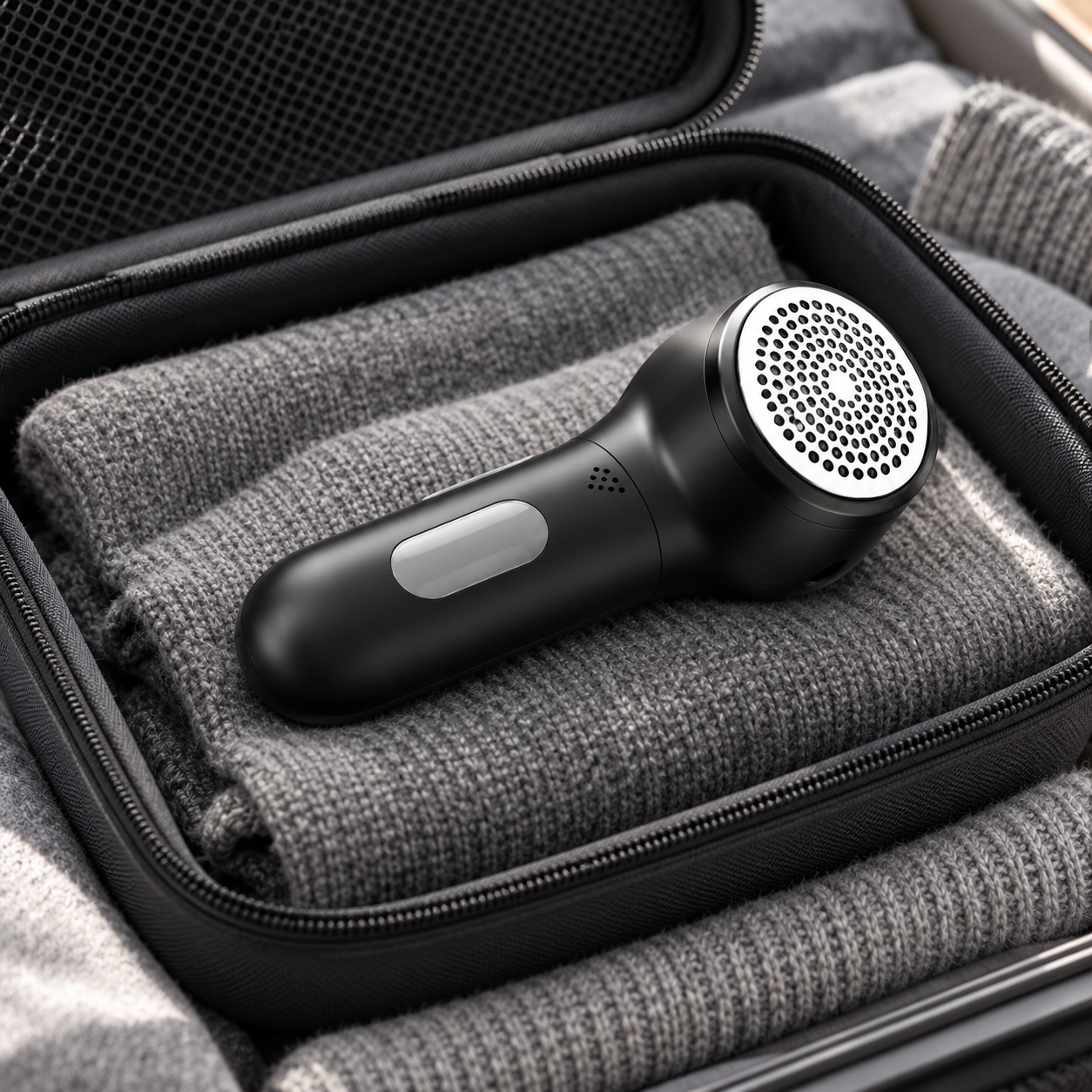 Compact fabric shaver packed for travel